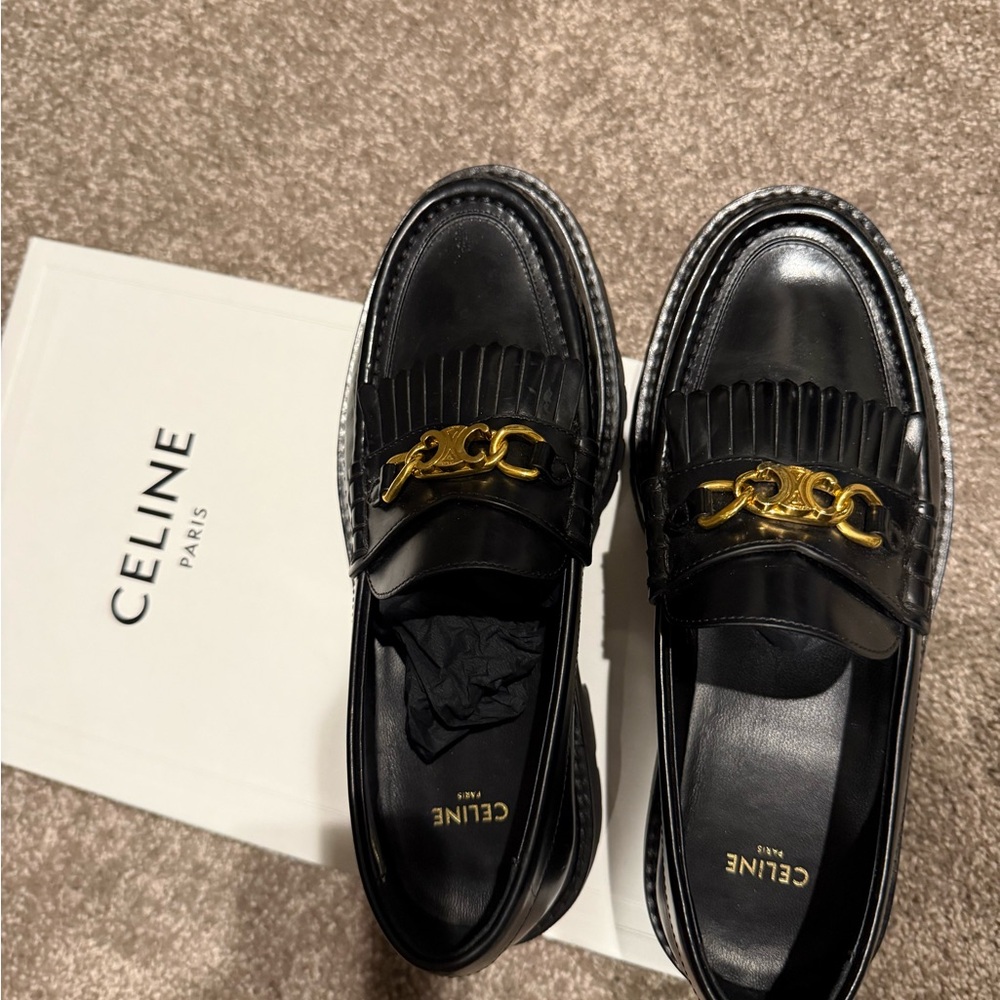 Celine Margaret Lug Sole  Leather Slip-On Loafers with Gold Triomphe Accent 37.5 - Picture 8 of 8